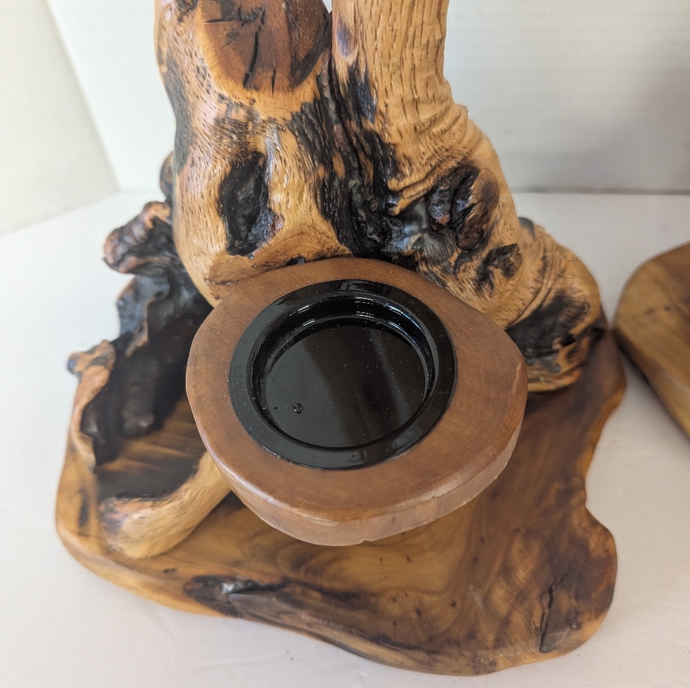 Vintage Candle Holder Wood Rustic Large Set Made Out of Burl-Wood - Picture 10 of 10